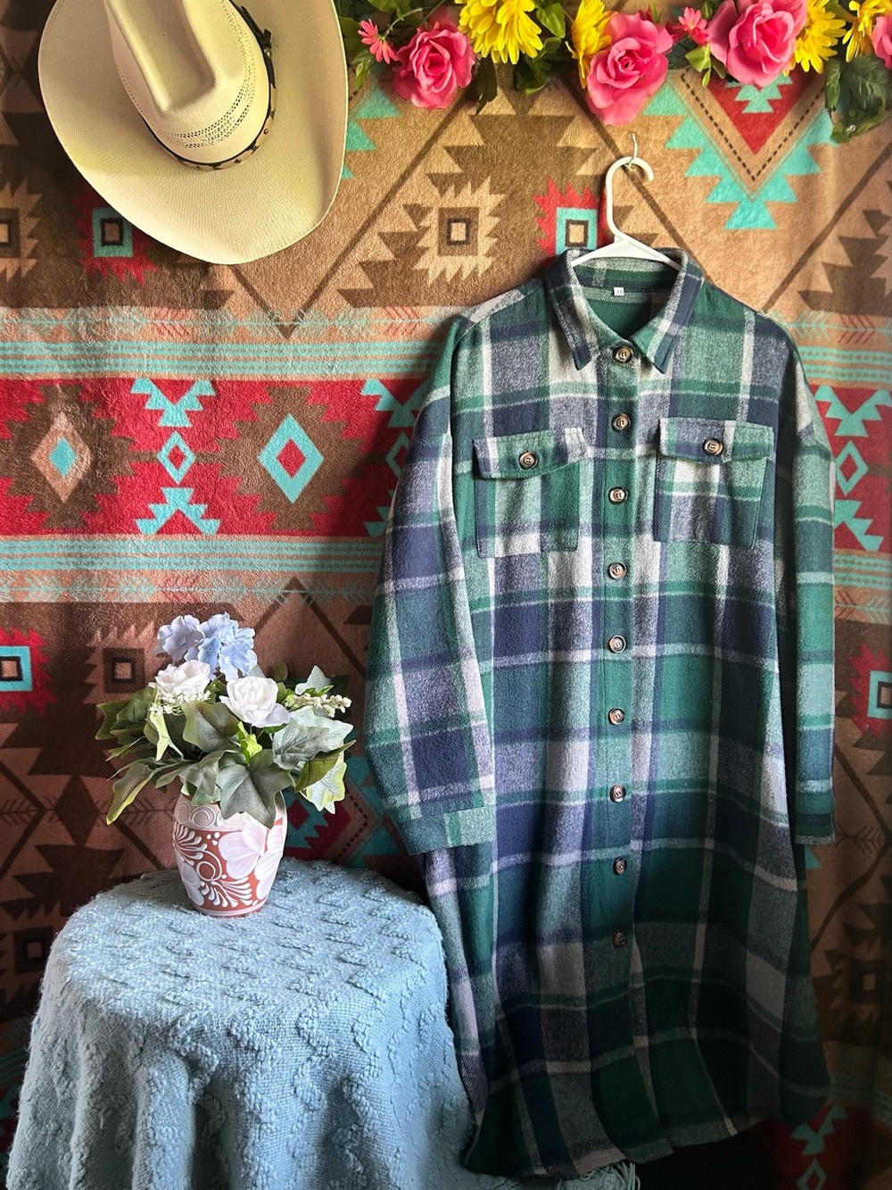 Plaid Button-Front Long Flannel Jacket - Green